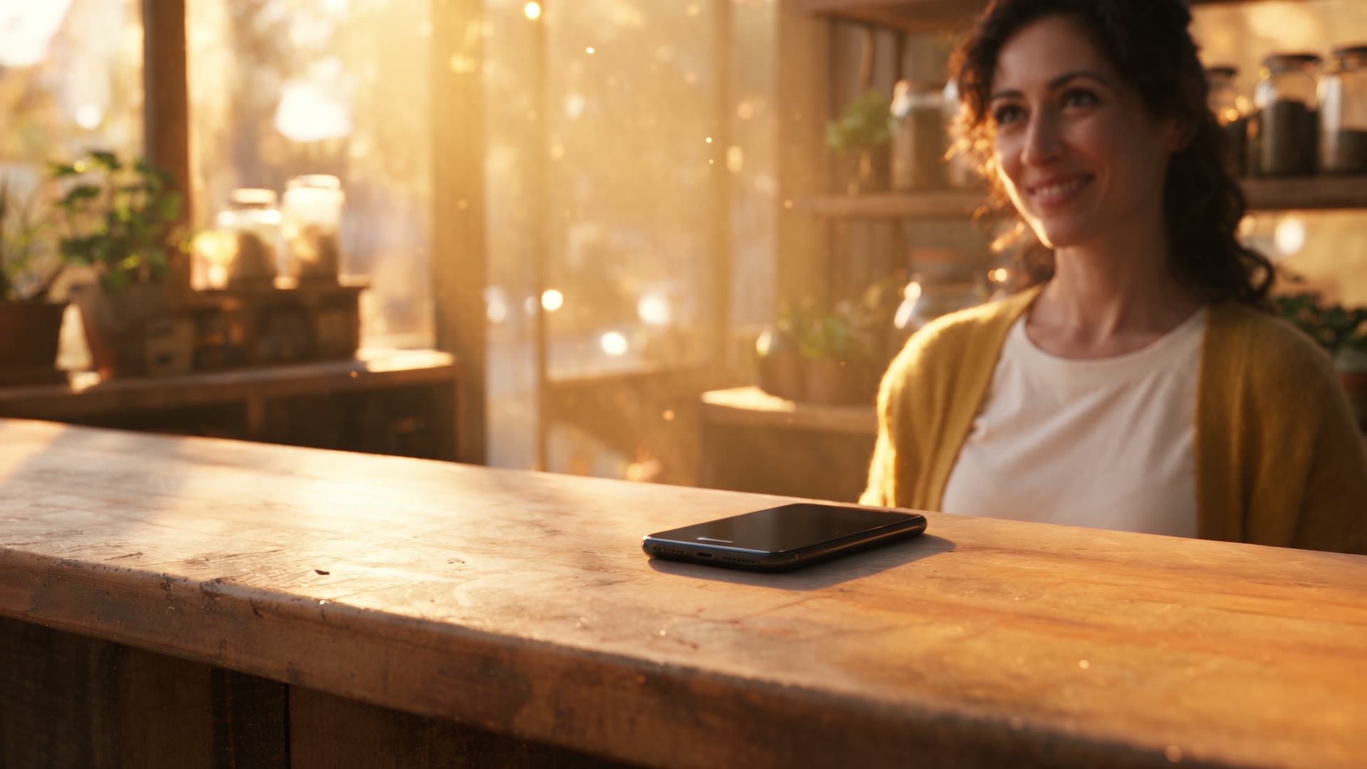 The shop owner smiles behind a sunlit wooden counter, her phone on the counter.