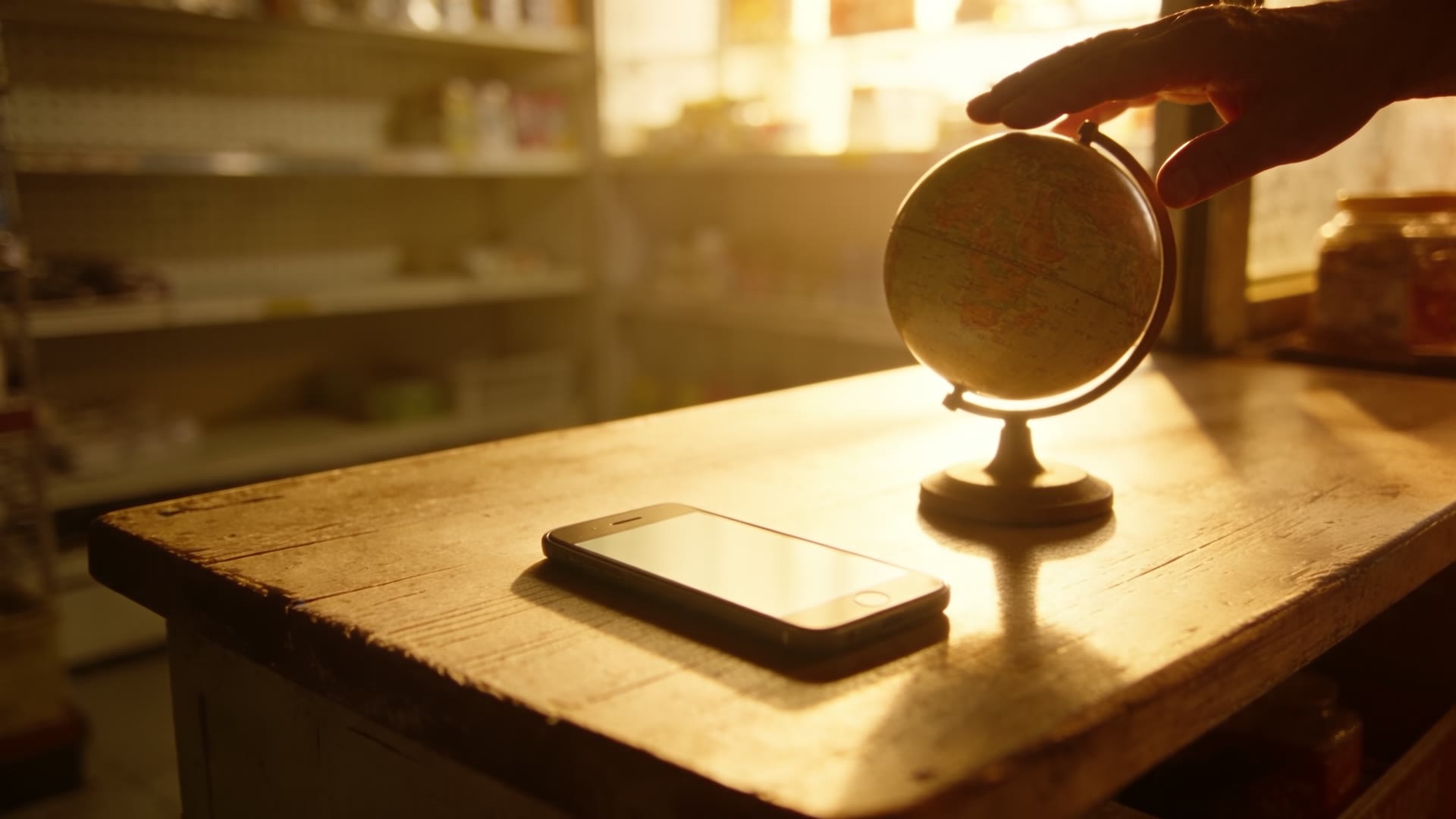 A hand turns a small globe beside a phone on a sunlit counter.