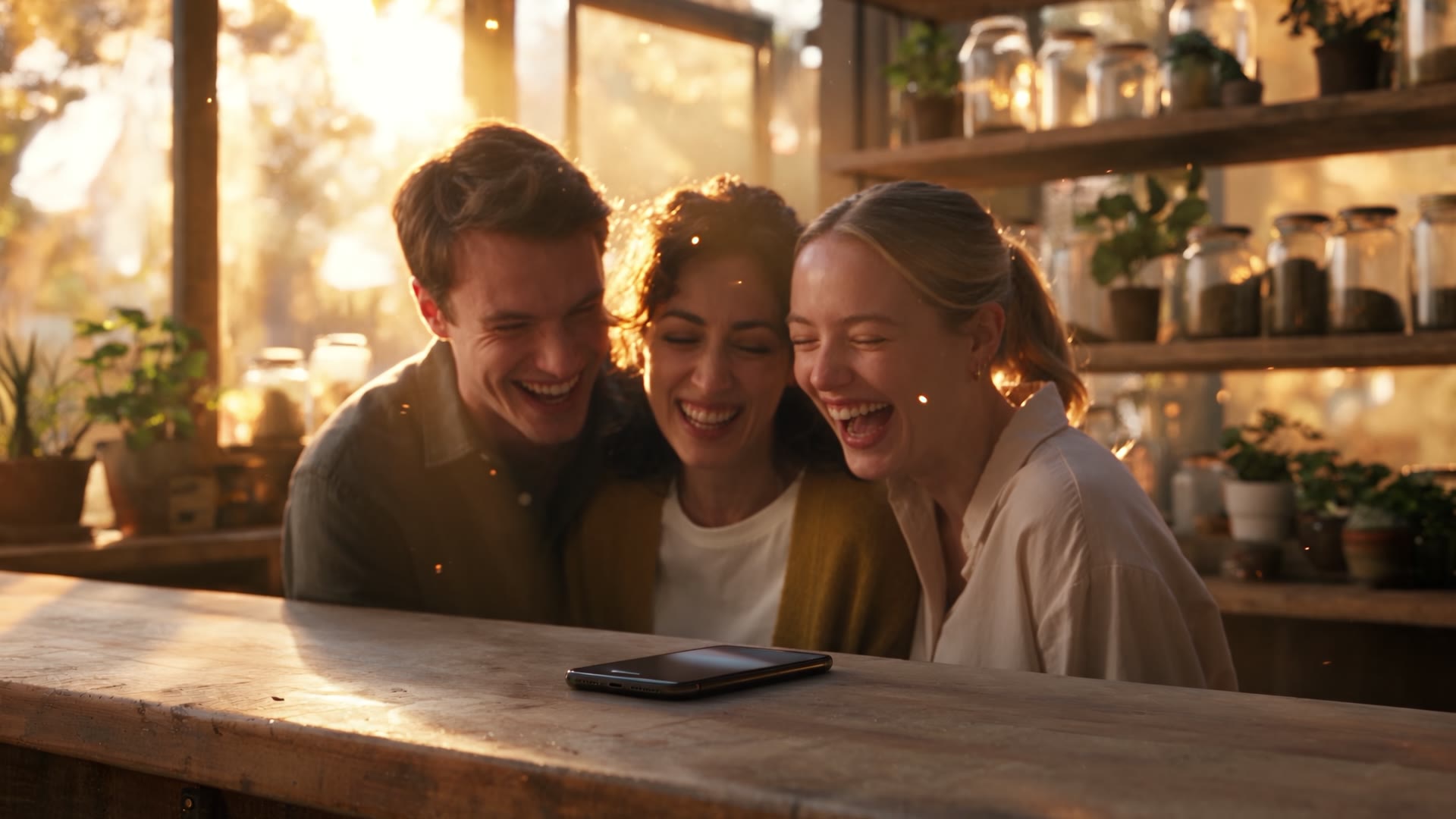 Three people laugh together behind the shop counter.